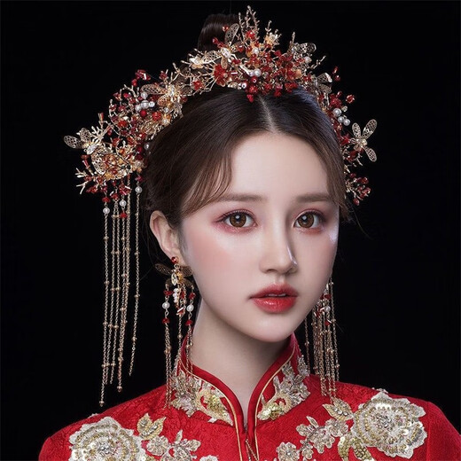 Hai Yiduo Bride Accesorios para el cabello XIUHE Temporito de la ropa Boda de boda Tassel Shaking Phoenix Crown Wedding Wedding Morning Morning Atmosférico y hermoso Modelo Tocado Traje de tocado + Ear Clip Estilo