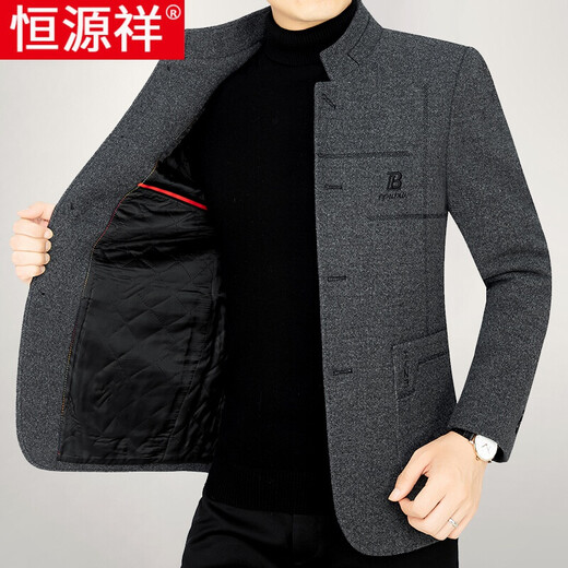 
Hengyuanxiang autumn men's woolen jacket middle-aged wool woolen jacket thickened short daddy's suit stand collar autumn and winter black gray M 170