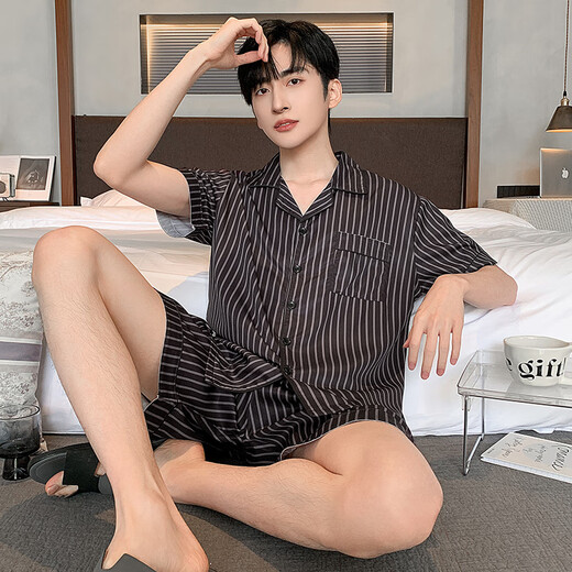 浪莎冰丝睡衣男士夏季短袖薄款仿真丝家居服男式中青年夏天丝绸套装 LQY6629 2XL 标准码176-180CM/150-175斤