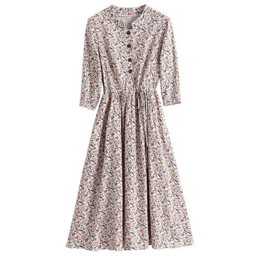 Jymmu Guangzhou Dreizehn lange Frauenkleid High-End-Sommer-Baumwolle und Linien Neue Stiltemperatur siebenmini-Sleeve Blumenrock für Frauen Big Beige L 115-125jin [Jin entspricht 0,5 kg]