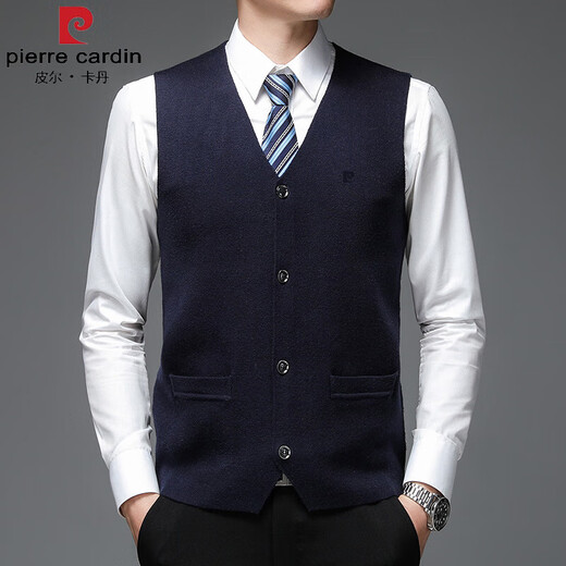 Pierre cardin high-end brand wool men's vest 2025 winter thin vest wool vest sweater knitted cardigan V-neck Navy blue 6518 L 175
