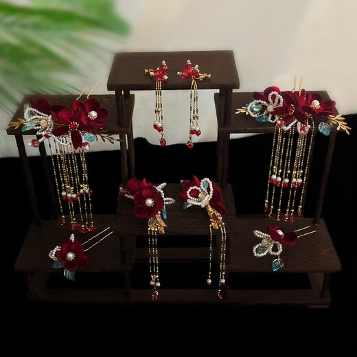 Haiyiduo wedding dress headdress bridal hair accessories set headband Korean fairy forest toasting clothing hair accessories Chinese dress accessories red velvet flower hairpin set