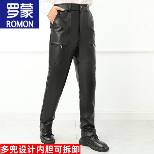 Romon (Romon) Pantalon en cuir authentique pour la couche de tête pour hommes Pantalon en cuir chaud en cuir chaud pour un pantalon de moto pour hommes et pantalon de vache multi-poche à taille noire de taille noire à la taille noire à la taille noire.