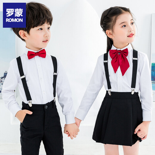 Romon children's suspenders boys graduation performance uniforms graduation chorus performance boy host flower girl dress suit women's four-piece suit black suspenders + short skirt + long-sleeved white shirt + burgundy collar flower 120