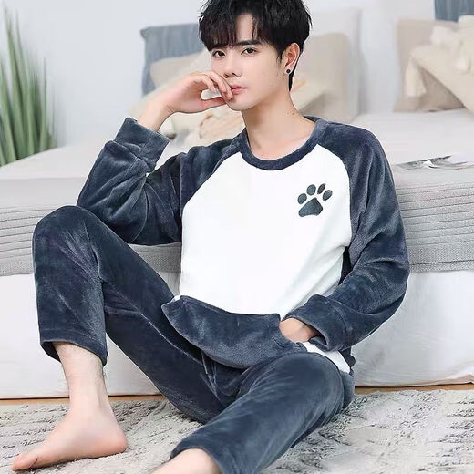 Modal Herren Pyjamas Koralle Velvet Winter plus Samt verdickte studentische Cartoon Lose Jugend Imitation Flanell Home Kleidung zwei Stücke 3895# Royal Blue Bear Footprints 2xl [vorgeschlagen 140-160jin [Jin gleich 0,5 kg]]