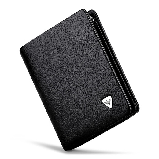 WILLIAMPOLO Empereur Paul Porte-cartes de permis de conduire à trois volets en cuir de vache première couche pour hommes Boucle multi-fentes Court Porte-monnaie vertical Motif Litchi noir Original avec comptoir Boîte-cadeau (Portefeuille) Version brosse antivol