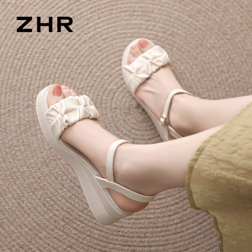 ZHR女鞋夏季凉鞋女外穿厚底坡跟女鞋简约一字带舒适凉鞋 ES29 米色35