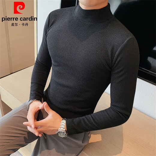 Pierre Cardin men's half turtleneck long-sleeved T-shirt spring and autumn thin slim fit mid-collar bottoming shirt with tight inner top knitted black 2XL one size too small