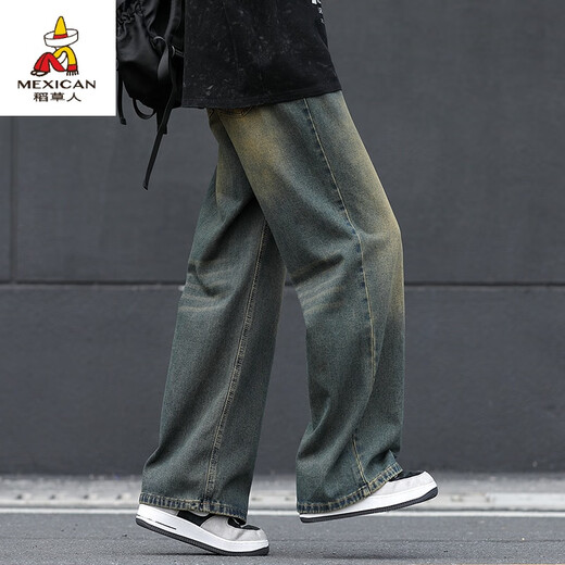 Vogelscheuche (mexikanische) Herrenwaschungsjeans für Jungen gerade locker 2024 neue drapierte Weitbeinhosen für Männer Winter plus Samt 1047 Nostalgische Farbe s