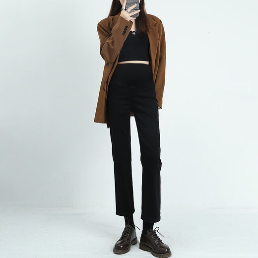 Nanding Yage Maternity Pants Autumn and Winter Outerwear New Straight Leg Pants Nine-Point Jeans Plus Velvet Stretch Cigarette Pants Autumn and Winter Clothes Black L110-125Jin Jin is equal to 0.5 kg