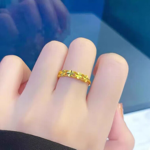 18k gold ring women's new 18K gold four-leaf clover style gold opening adjustable 3D hard gold plain gold four-leaf clover ring (adjustable)