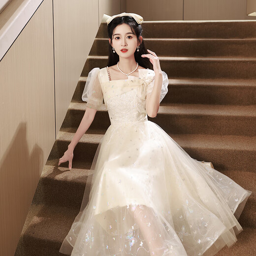 Qinji adult dress for women 18 years old, high-end small evening dress, banquet art exam dress for high school students, GS804 champagne color irregular long skirt M