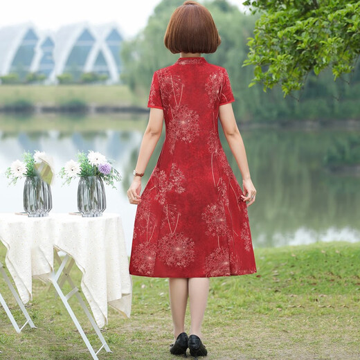 Fuxi Mama Summer New Dress Imitation Silk Cheongsam Fashionable and Noble Middle-aged and Elderly Women's Summer Temperament Large Size Skirt 698 Red 4XL Recommended 135-150Jin [Jin equals 0.5 kg] Slimming and versatile