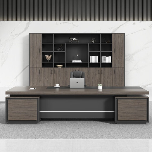 Dilin boss desk desk supervisor manager desk simple modern office furniture leadership table and chair combination single executive desk ebony wood with iron gray (long cabinet on the right) 2 meters including double side cabinets + chairs + 2.4 meters bookcase