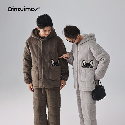 Kissing Cat Hooded Island Velvet Quilted Couple Pajamas Women's Winter Suit Three Layers Thickened Men's Home Clothes Outerwear 7032 Tea Brown Men L