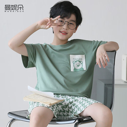 曼妮朵男童睡衣夏季新款短袖男孩纯棉儿童大童全棉薄款青少年家居服套装 N6621【双短】 165 L码建议160-165cm