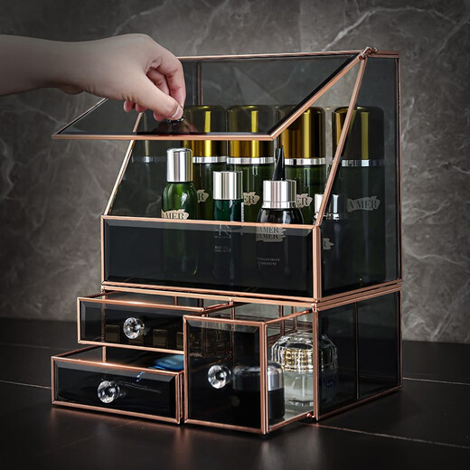 KAMAN Glass Cosmetics Storage Box Light Luxury Dustproof Desktop Dressing Table Skin Care Product Storage Rack 520 Gift for Wife Gilt Set of Two Dustproof Top + Three Drawers