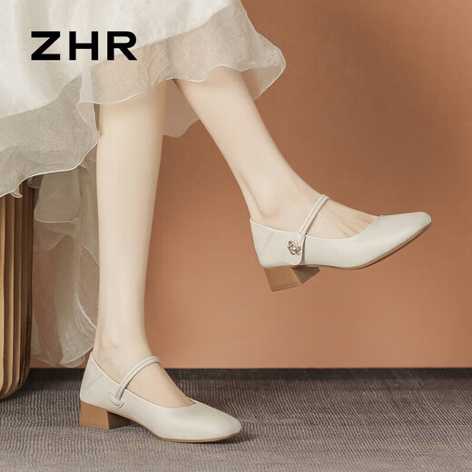 ZHR玛丽珍鞋女优雅舒适粗跟单鞋女气质通勤浅口女鞋 AH506 米色 37 