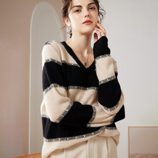 Pash Cashmere Sweater Women's 100% Cashmere Autumn and Winter V-neck Single Yarn Loose Striped Knitted Sweater TY-3134 Green Velvet + Black One Size