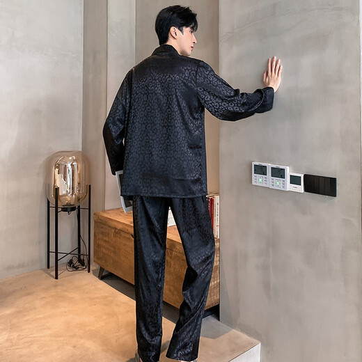 MISHIDE (MISHIDE) Mulberry Silk Men's High-end Silk Satin Pajamas Spring and Autumn Long Sleeve Thin Cold Satin Home Clothing [Ice Silk] S1289 Men 2XL