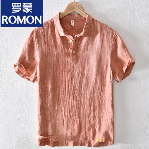 罗蒙（ROMON）中国风亚麻翻领短袖t恤男有带领麻布男装棉麻料T宽松翻领上衣服 msp-795灰色 L