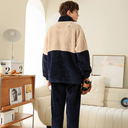 Fenton Couple Pajamas Coral Velvet Autumn and Winter New Warm Double-sided Plush Sports Style Home Clothes Set Sapphire Blue - Men's 2XL
