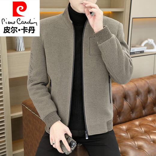 Pierre Cardin stand collar jacket men's 2025 winter new velvet thickened woolen casual middle-aged warm woolen jacket men's 815 khaki plus velvet L