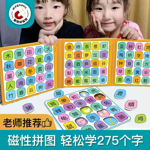 Puzzle d'alphabétisation magnétique Enfants âgés de 4 à 6 ans, jouets éducatifs 3 tout-petits 5 bébés apprennent les cartes de caractères chinois et les autocollants magnétiques. Chapitre de reconnaissance d'images (50 images au total)