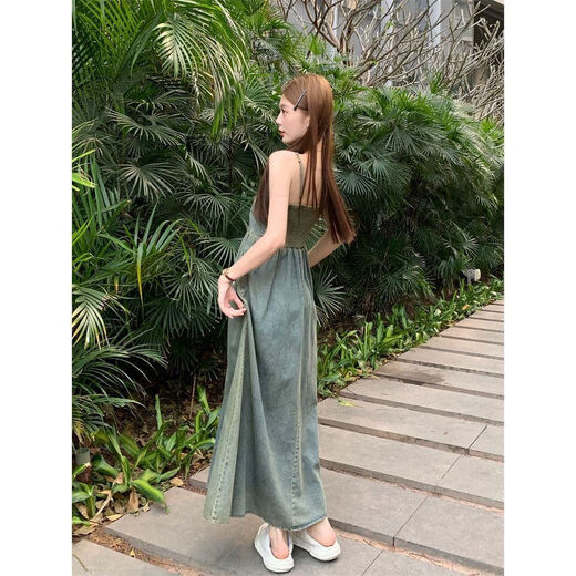 AJEFEFAT牛仔连衣裙女2024夏季新款高级感感做旧质感级吊带裙mm修身A字直 蓝色833 2XL 【建议135至150斤
