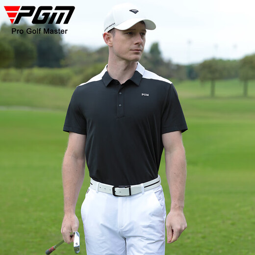 PGM Golf Clothing para hombres Camiseta deportiva de verano para hombres Agujecillos transpirables Absorción de humedad de la solapa Camisa de color Combinación de color YF679-Black 2xl