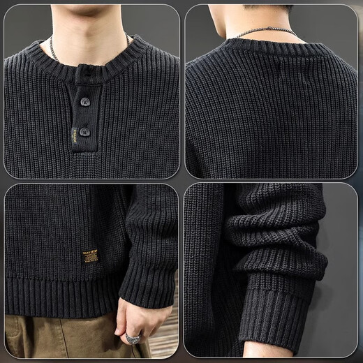 Luo Meng American retro Henry collar black sweater men's autumn new trendy brand sweater loose pullover with sweater 8903 black L suitable weight 115-130 Jin Jin equals 0.5 kg