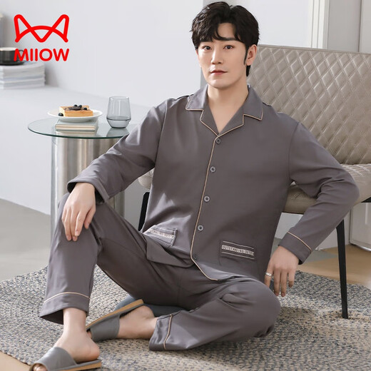 Cat Man (Miiow) Men's Pure. Pajamas de algodón Spring de manga larga y otoño de cárdigan de gran tamaño se puede usar en el exterior para ropa para hombres MZ-3523 3XL180-200JIN [Jin iguala 0.5 kg]]]