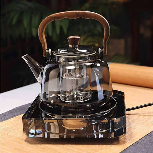 Full-length heat-resistant glass teapot, wooden handle and handle, steaming all-in-one, light luxury high-end electric ceramic stove tea maker, making tea around the stove, wood grain handle and handle kettle ash + Fuxitang silent pottery stove