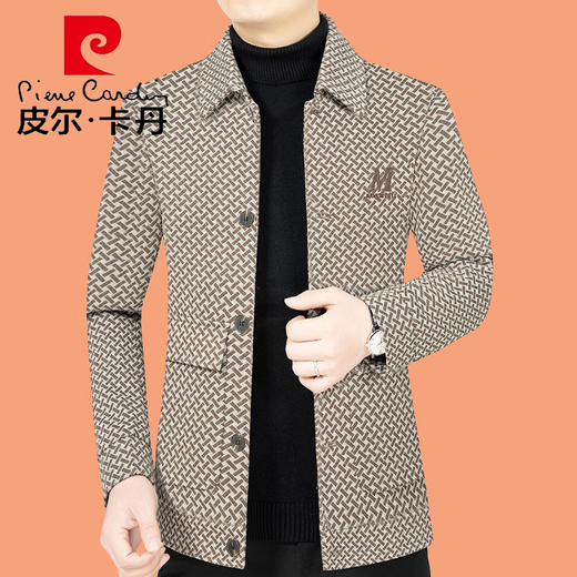 Pier Cardin woolen jacket for men short collar men's tweed jacket thickened warm middle-aged and elderly daddy suit knitted D21375 dark gray XL 180