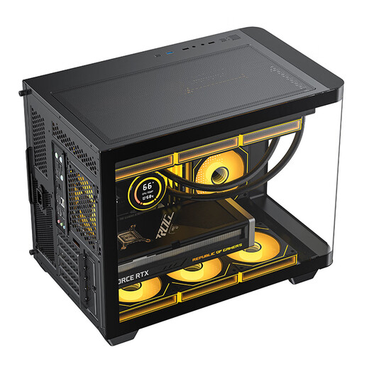 AOC Zhentian Bow CG355 schwarzer MATX-Desktop-Computer mit Meerblick, integriertes gebogenes Glas/360-Grad-Wasserkühlung/ARGB-Lichtleiste/linkes und rechtes Fach/Schnellverschluss-Design