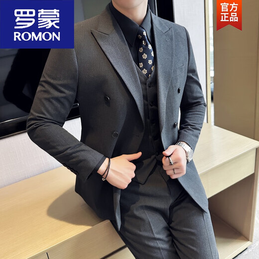 ROMON double-breasted gun lapel suit men's suit slim casual business formal groom wedding dress three-piece suit black double-breasted suit + trousers XL 125-140Jin Jin equals 0.5 kg
