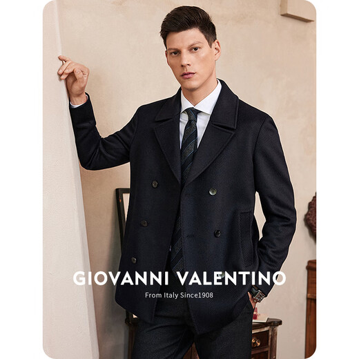 GIOVANNI VALENTINO wool mid-length woolen coat jacket men's business casual windbreaker suit collar slim top Navy XL