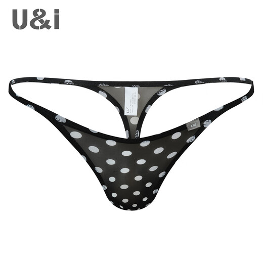 U&I men's sexy thong one-piece upward bag ultra-thin ice silk trendy pattern brand underwear 1117-P black X red dots 1 pair 2XL
