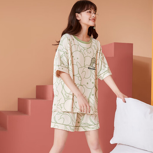 Langsha Pajamas Women's Summer Thin Printed Short-Sleeved Suit Sweet Round Neck Pullover Can Be Weared Outside Home Clothes Light Green Dinosaur