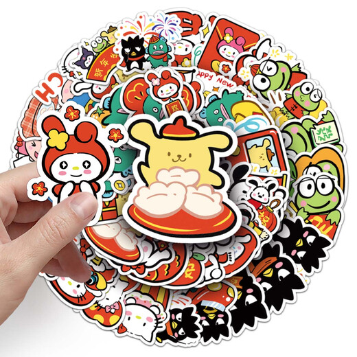 50张手绘三丽鸥新年款贴纸 创意可爱卡通图案 滑板吉他笔记本电脑平板手机壳装饰贴画 防水撕下无痕贴纸 50张 手绘三丽鸥新年款-1049 4-5CM