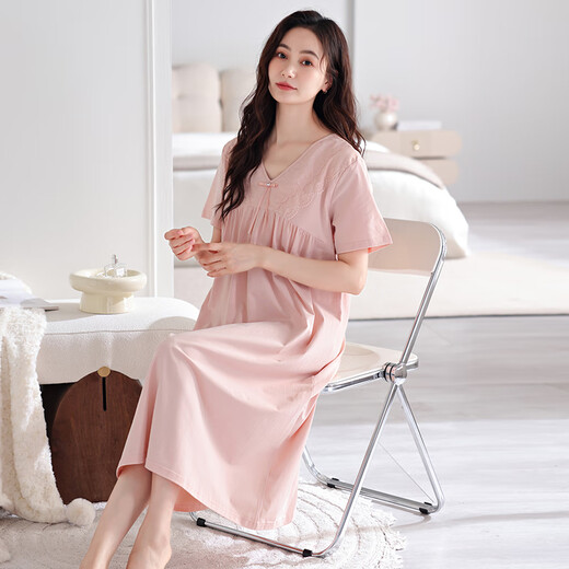 
clolv kiss nightgown with chest pad for women summer pure cotton thin short sleeve mid-length pajamas women's dress can be worn outside home clothes 701 soft powder (with chest pad) XL [165-170cm/120-145Jin[Jin equals 0.5 kg]]
