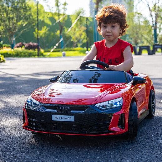 Yijing Audi children's electric car four-wheeled, can sit on a baby's mobile phone remote control four-wheel drive toy stroller swing car top equipped with four-wheel drive black + soft wheel leather seat + large lithium battery + remote control swing + high-end features Standard 12V6000MA aluminum shell lithium battery