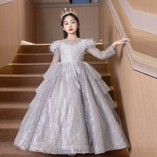Stoffkatze Mädchen Kleid im Herbst und Winter Sinn für Kinder Abend Langarm Herbst und Winter Blumen Mädchen garnieren Rock kleine Mädchen Geburtstag Prinzessin Klavier Silber 150 cm