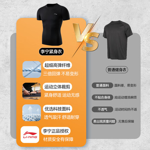 李宁（LI-NING）紧身衣速干衣男篮球训练服健身速干t恤高弹跑步运动短袖羽毛球服