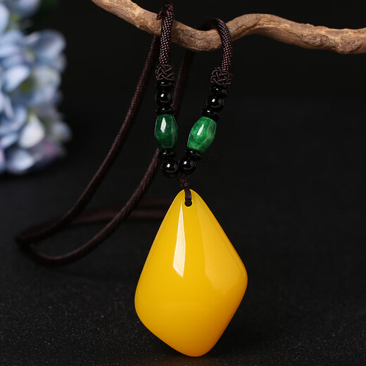 Ziweidai guaranteed official beeswax pendant old sweater chain water drop amber long necklace chicken oil yellow men and women Ruyi gourd + jade braided rope