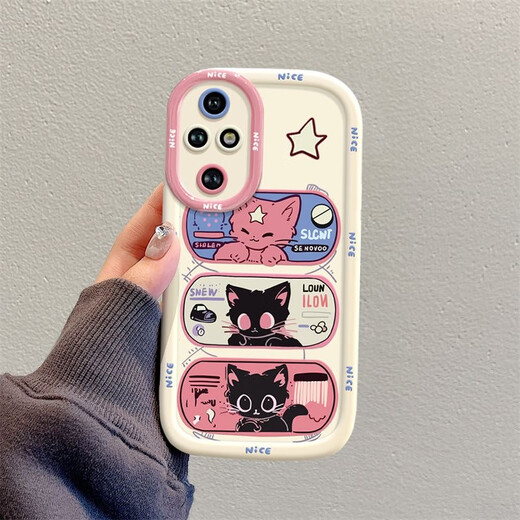 Mysterious Choice convient à Honor 200pro Mobile Phone Case Honor 50 Cartoon Ins Wind Star Eye Cat Honor 30 Anti-Fall Honor 20 Full-inclusion Honor 90GT Silicone Honor 100 Mobile Phone Case Round Pier Shell - White - BS3893 Black Cat + A1948 Rose Red Honor 50