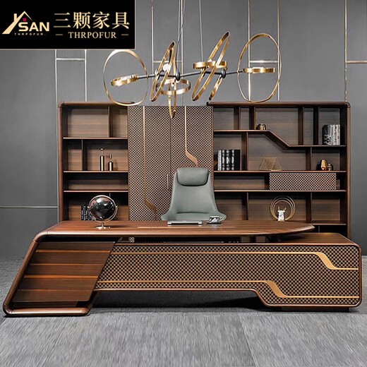 Three furniture new Chinese style high-end solid wood boss desk office desk light luxury high-end executive desk Zen simple modern office 2-meter office desk (ash wood)