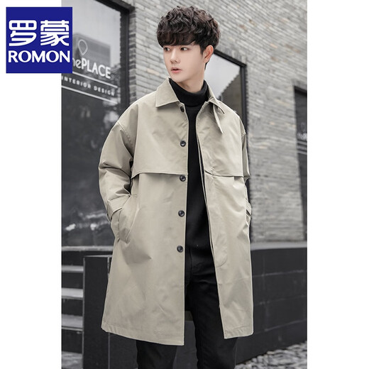 ROMON mid-length windbreaker men's autumn and winter new lapel loose coat men's light and mature British style youth coat men's coat khaki XL