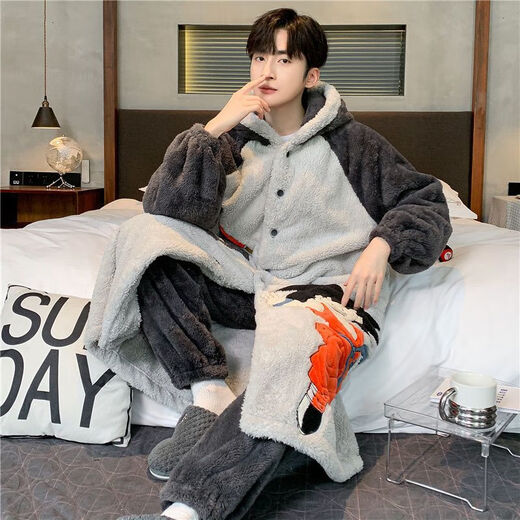 Commander Bear men's pajamas coral velvet warm winter thickened velvet cartoon hooded nightgown long youth home suits nightgown trousers suits men 6231 10XL m 70-100Jin [Jin equals 0.5 kg]