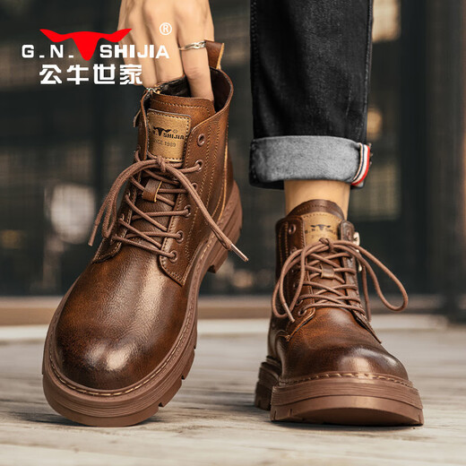 Bull Familie Martin Boots Herren echte Leder Herbst und Winter High-Top British Style Old Retro Work Boots Herren Red Brown 43